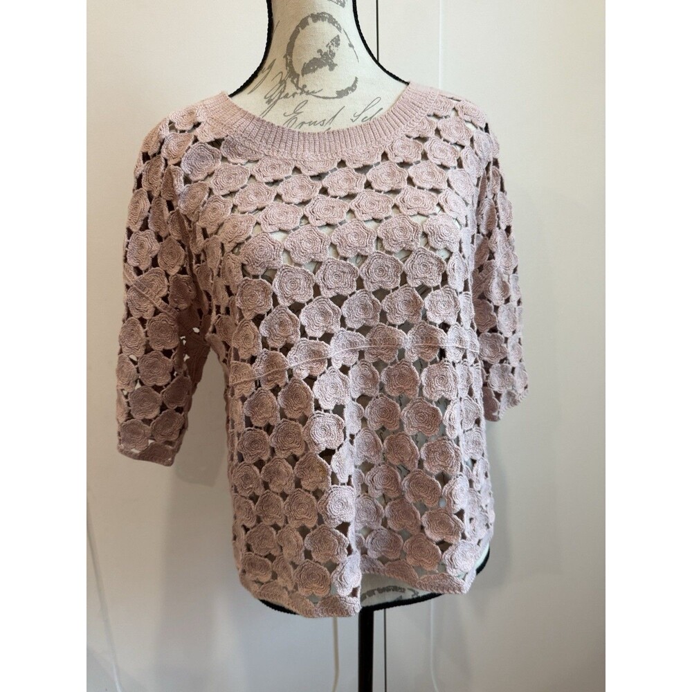 Bobeau Sz Large Crochet  Lace Trim Short Sleeve Tunic Top Shirt Rose Dusty Pink